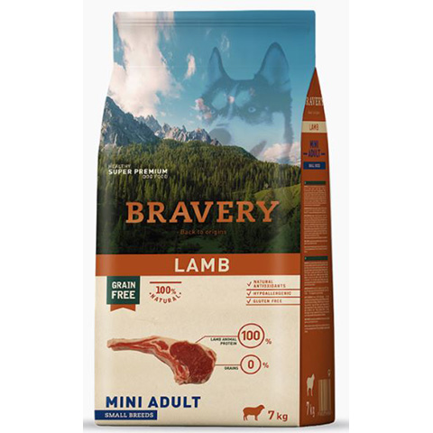 Bravery  Lamb mini adult Small breeds Hypoallergén, super prémium, bárány. 43% hús 7kg