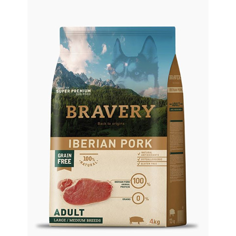 Bravery  Iberian Pork Adult L/M breeds, Hypoallergén, super prémium, Ibériai sertés 43% hús 4kg