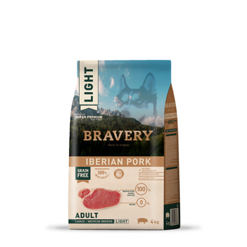 Bravery  LIGHT Iberian Pork Adult L/ M breeds, Hypoallergén, super prémium, Ibériai sertés 43% hús 4kg