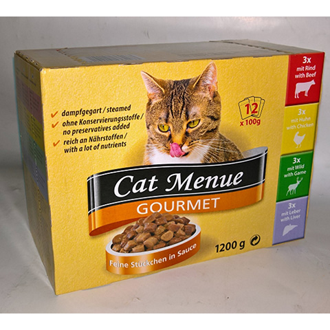 Cat Menue ALUTASAK BOX Gourmet 12db-os  (3 marha, 3 csirke, 3 vad, 3 máj) 12x100g
